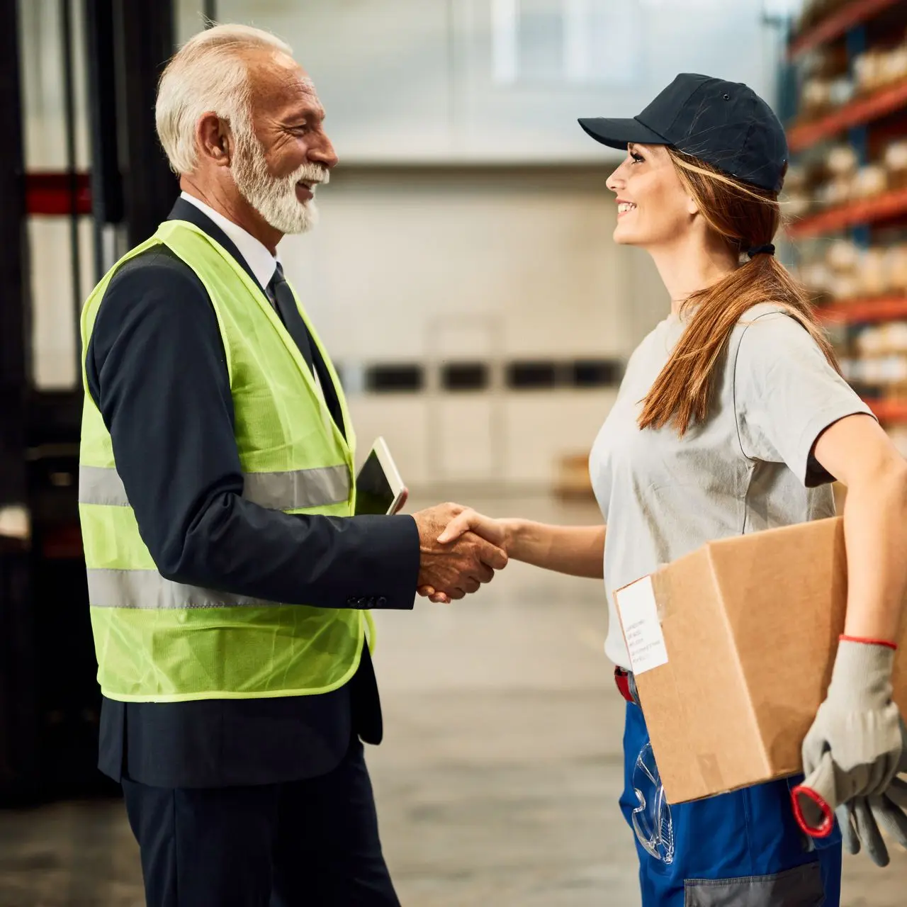 Supplier and client shaking hands, symbolizing business partnership and trust