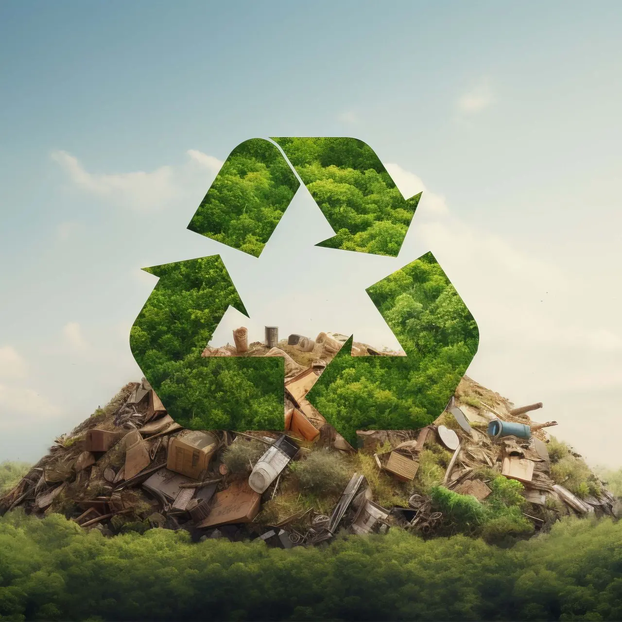 Scenic landscape with a recycling symbol, representing environmental sustainability