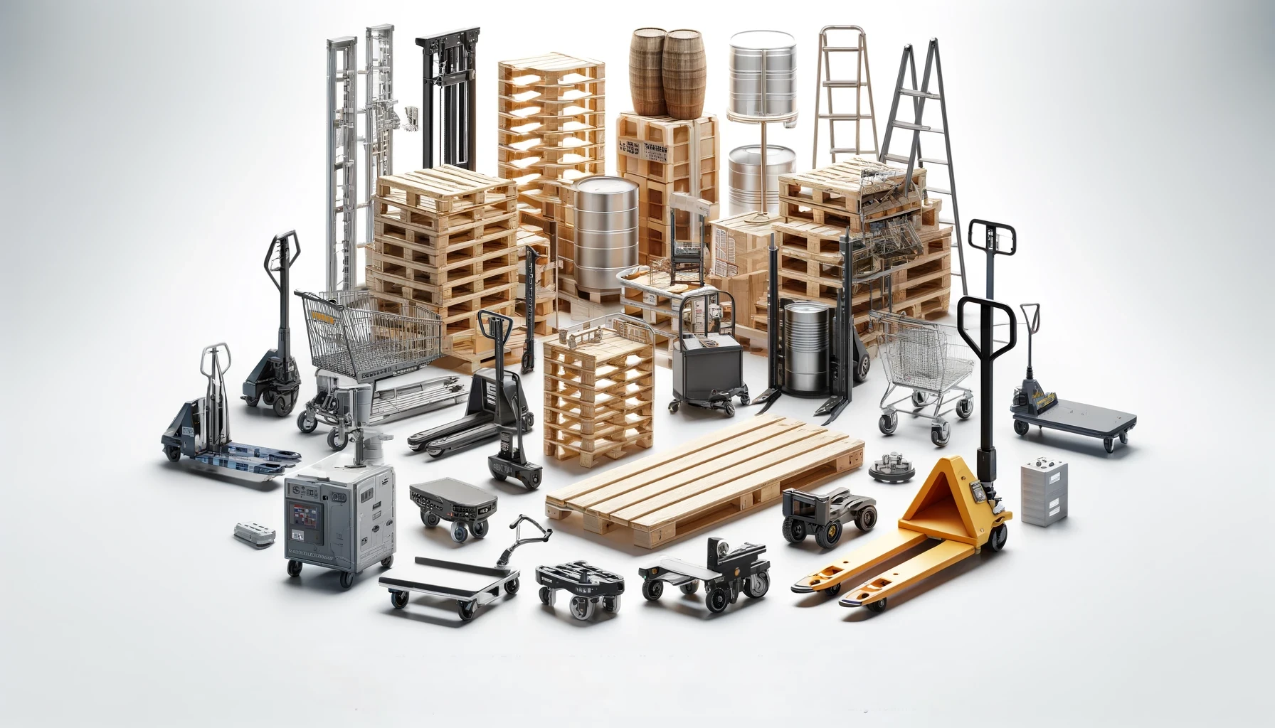 Various material handling products including pallet jacks, wooden and plastic pallets, drums, ladders, and more