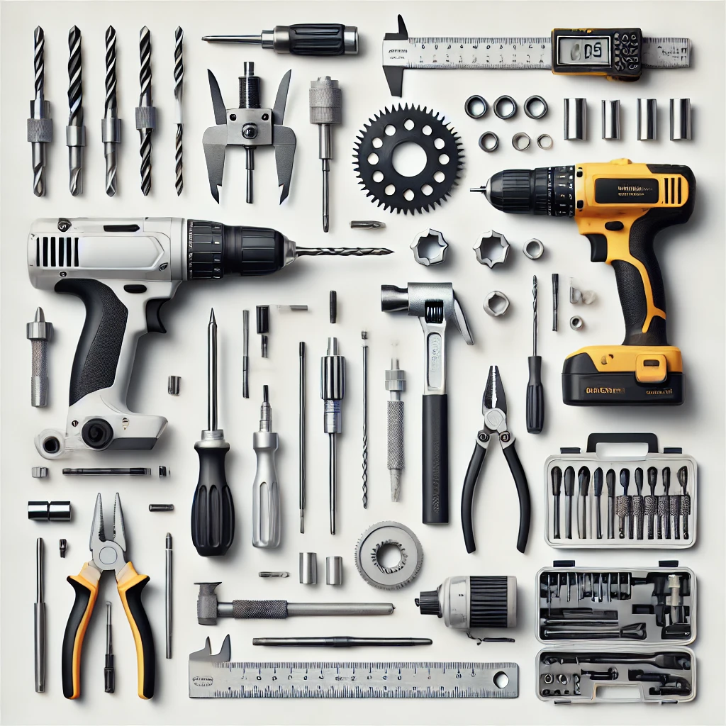 Assorted tools such as drills, screwdrivers, and wrenches